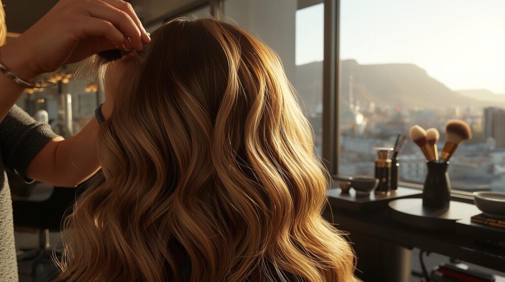 hair colour experts - balayage on thick, wavy hair in a sunlit salon
