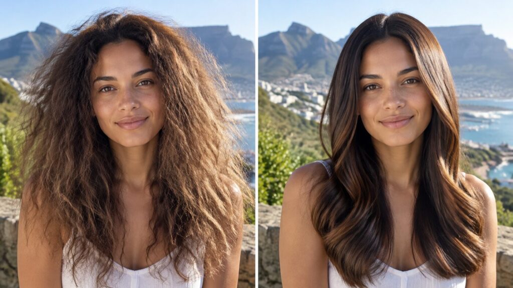 Illustrative comparison of frizzy hair and smooth healthy hair in Cape Town outdoor light