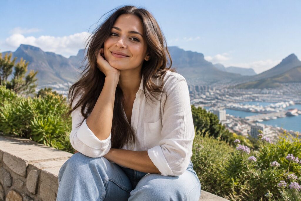 Woman with smooth, healthy, softly styled hair outdoors in Cape Town spring weather