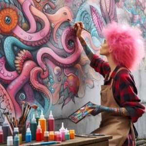 hair colour - Creative pink-haired artist painting a mural