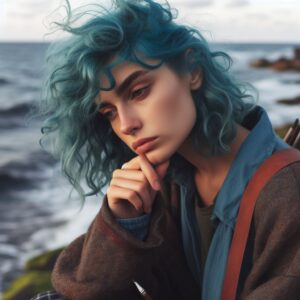 hair colour - Thoughtful blue-haired poet near the shore