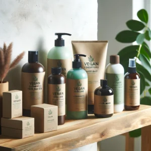 Display of various vegan hair care products