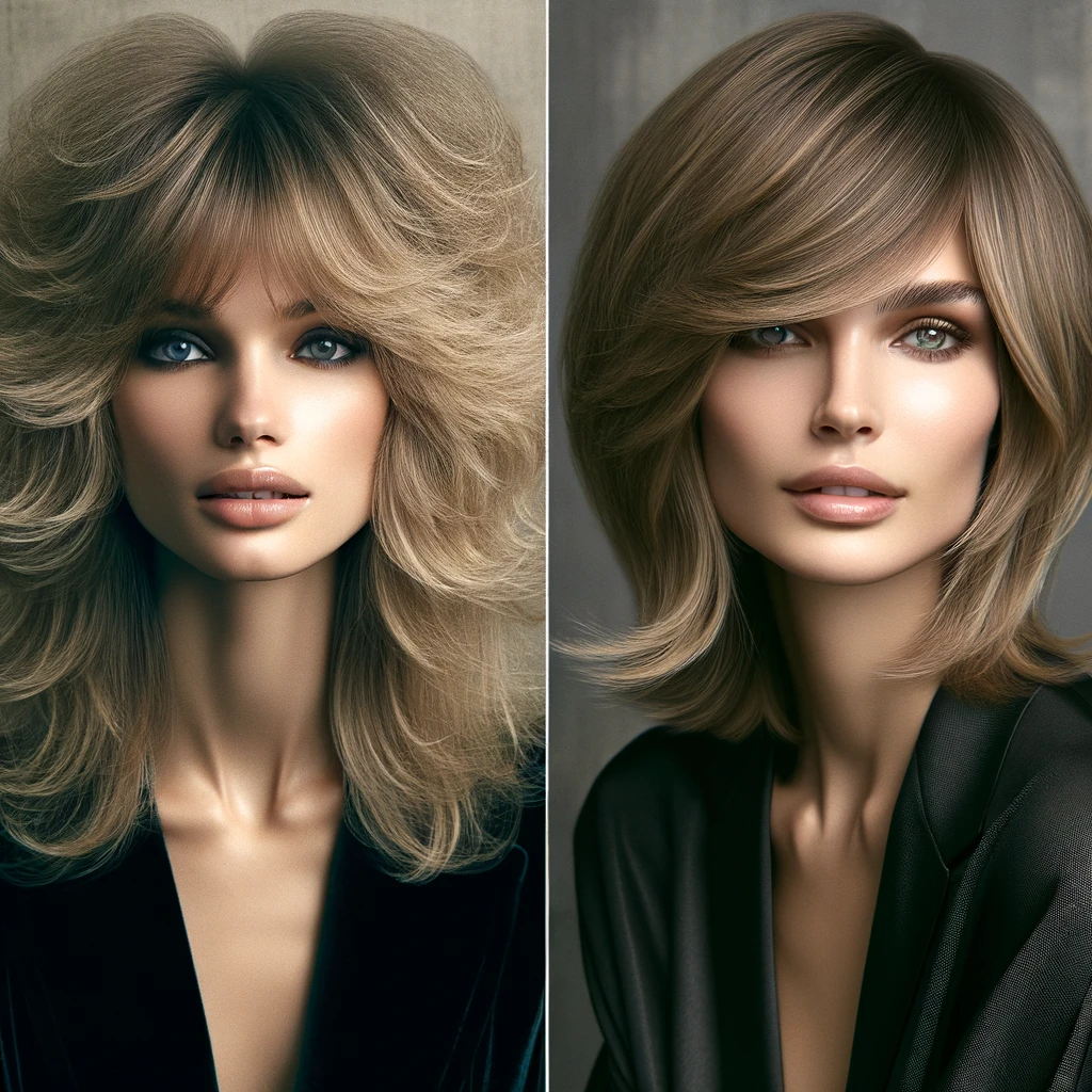 classic 70s shag on the left vs updated version on the right - retro hairstyles