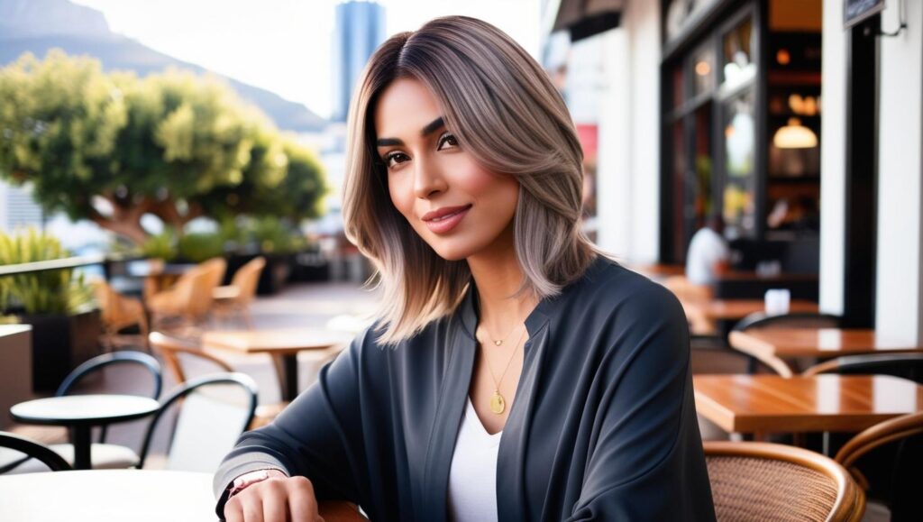balayage specialist - woman with shoulder-length balayage hair sitting at a café