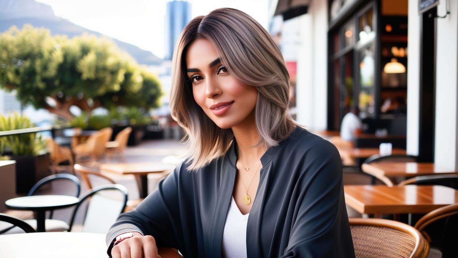 balayage specialist - woman with shoulder-length balayage hair sitting at a café