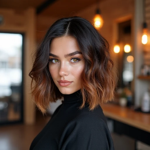 winter hair trends - woman with a bob and bronze balayage in a salon
