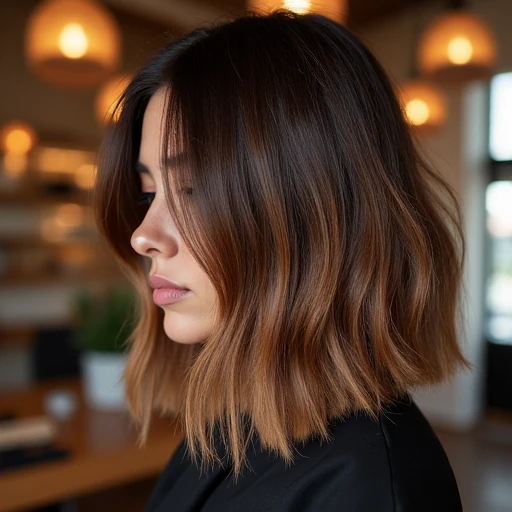 winter hair trends - woman with bronze balayage and Italian bob