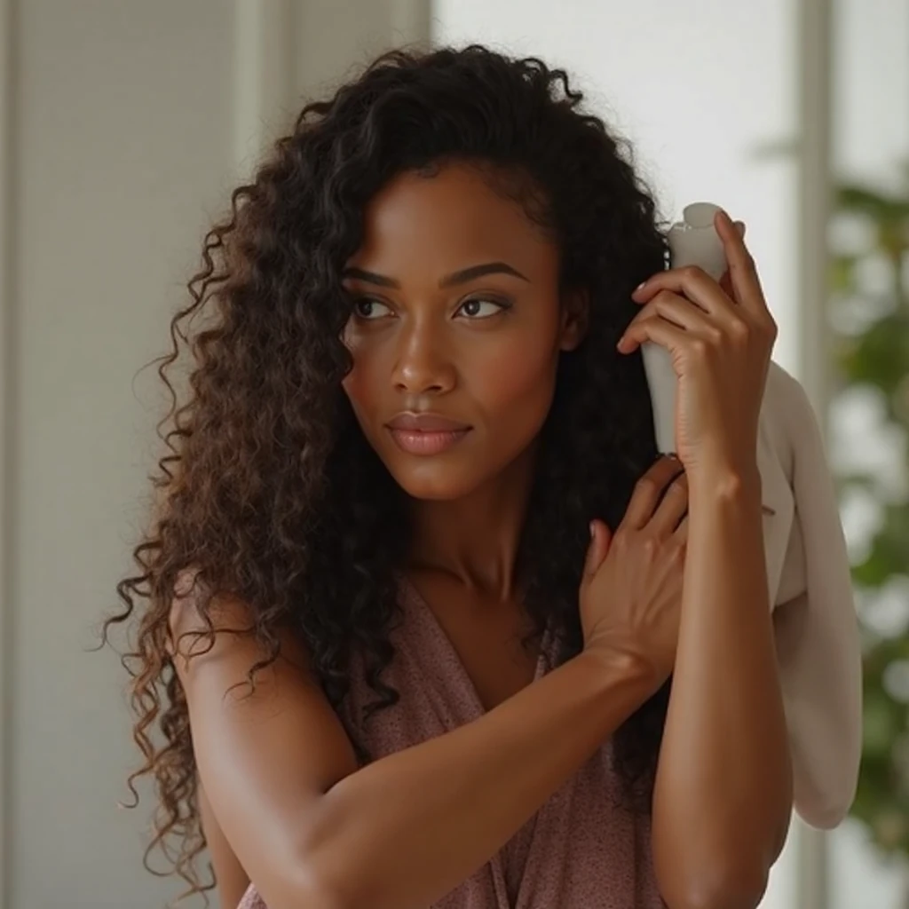 woman applying hair treatment to winter hair