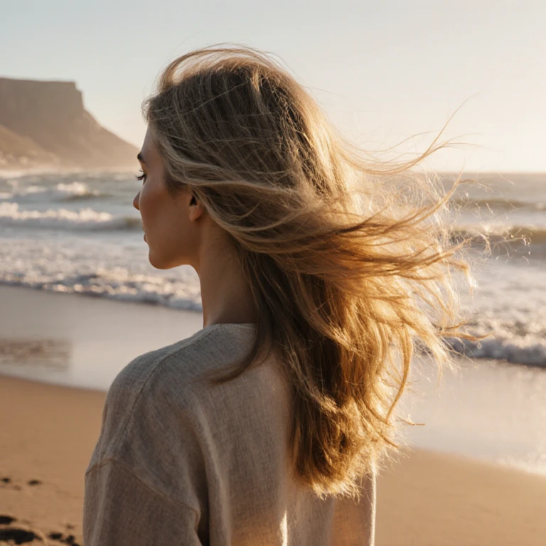 summer hair trends - woman with sun-faded dry hair on a Cape Town beach