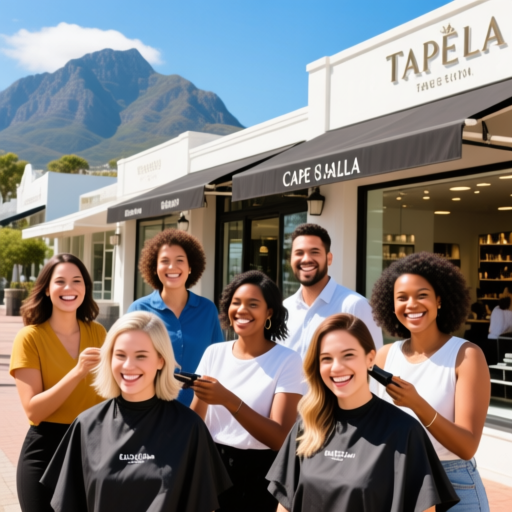 hair cutting services - clients showcasing fresh, varied haircuts outside upscale salons