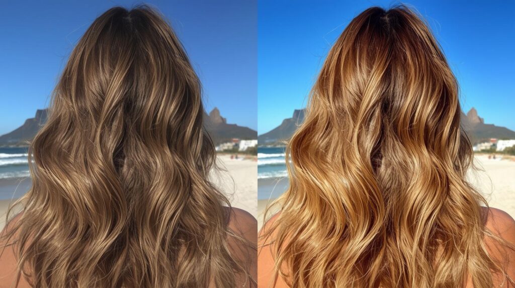 summer colour fade - comparison of balayage highlights on long wavy hair