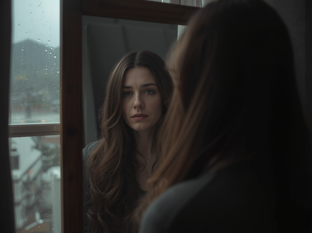 hair highlighting - woman looking at her hair in a mirror