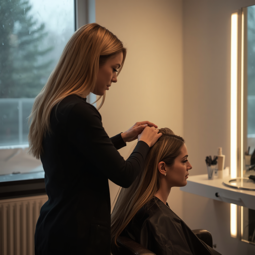 hairdresser applying deep conditioning treatment to a client's hair